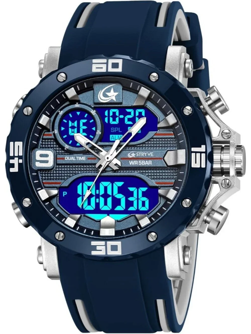 Men's Blue Analog Quartz Silicone Band Waterproof Multifunction Digital Watch